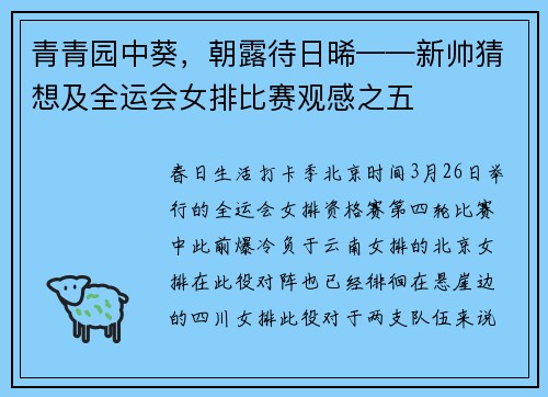 青青园中葵，朝露待日晞——新帅猜想及全运会女排比赛观感之五